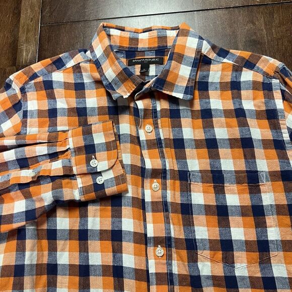 Banana Republic Mens‎ Linen Blend Shirt size L Gingham Check Plaid Button Down - Picture 1 of 9